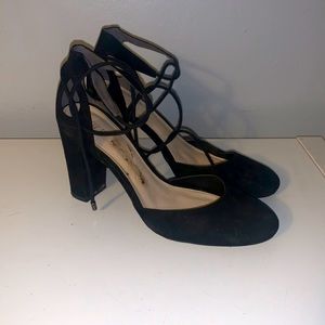 Black wrap up block heels